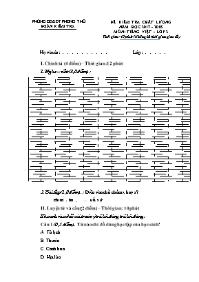 Đề kiểm tra chất lượng môn Tiếng Việt Lớp 2 (Chân trời sáng tạo) - Năm học 2017-2018